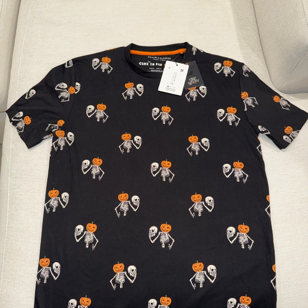 Denim & Flower Black Tee with Skeleton and Pumpkin Design
